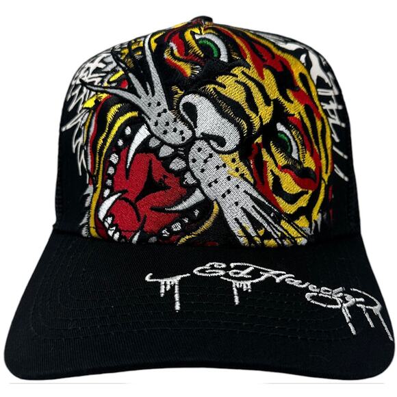 Ed Hardy Trucker Hat Embroidered Tattoo Double Tiger Black Mesh Snapback Cap